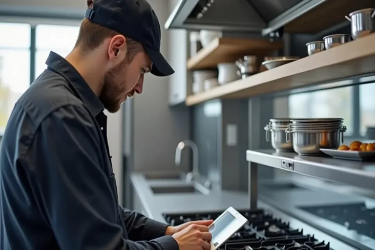 فني صيانة فرانكي محترف يستخدم جهاز لوحي لتشخيص مشاكل موقد الغاز فرانكي في مطبخ حديث. يرتدي قبعة وقميص العمل الأزرق ويطبق أحدث طرق الصيانة الرقمية. لحجز موعد صيانة، تواصل عبر رقم صيانة فرانكي الرسمي.