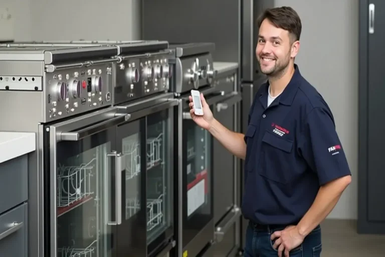 خبير صيانة فرانكي معتمد يحمل جهاز فحص إلكتروني أثناء عمله على غسالة صحون فرانكي المدمجة. يرتدي زي العمل الرسمي ويقدم خدمة صيانة متخصصة بأحدث التقنيات.