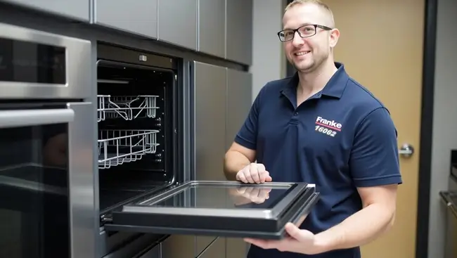 خبير صيانة فرانكي يقوم بصيانة فرن مدمج باحترافية عالية، حيث يظهر في الصورة وهو يحمل صينية الفرن أثناء عملية الفحص والتنظيف بدقة. يرتدي نظارات ويعكس التزامه بأعلى معايير الجودة في تقديم خدمة صيانة فرانكي المتميزة. إذا كنت تتساءل كيف تتواصل مع رقم صيانة فرانكي المعتمد للحصول على خدمة مماثلة، فإن هذا المشهد يوضح مدى كفاءة الفنيين المعتمدين وجهوزيتهم لتلبية احتياجاتك بأسرع وقت.